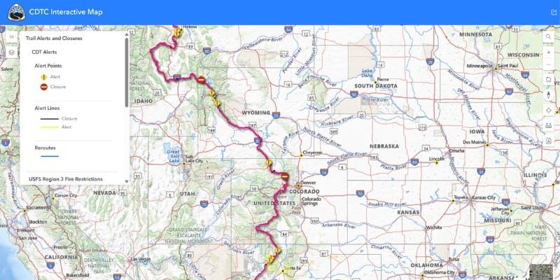 Screenshot of the CDT Interactive Map showing trail route and data layers