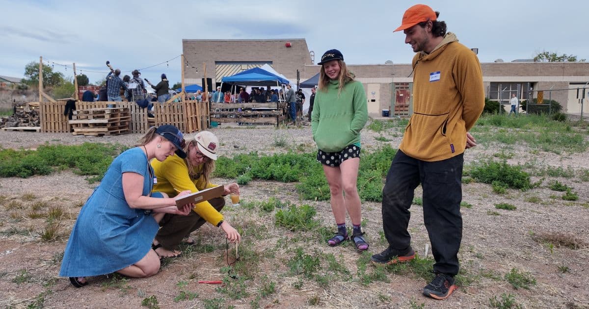 Friday Hiker Olympics Judges Measure Cathole Competition (sprinter Is On Right In Orange Hat, Alexa (cdtc Board Member Open Space Brewing Owner) Is Kneeling On Left And Holding Clipboard)