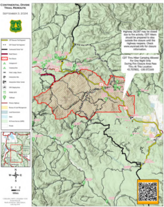 A map of the Fish Creek Fire closure area, with reroute, and camping location.